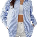 بلوزة مخططة بازرار امامية واكمام طويلة للنساء من جورجليتر، قميص فضفاض بجيوب