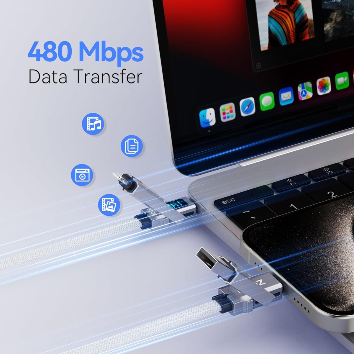 ⁦بي زوز كيبل USB C الى لايتنينج بطول 1.5 متر، 140 واط، كيبل شحن متعدد 4 في 1، كيبل نوع C مع شاشة LED، سلك شحن سريع لايفون 16 15 برو ماكس وايباد وماك بوك وسامسونج وغيرها⁩ - الصورة ⁦3⁩