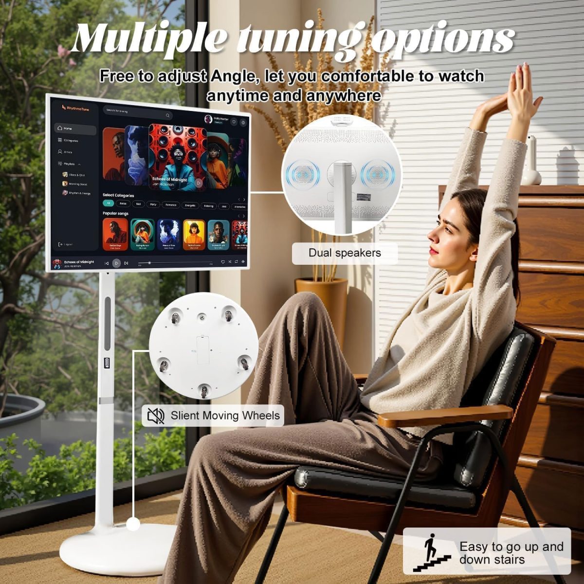 ⁦32-Inch Portable Smart TV Touch Screen,Rolling TV on Wheels with Voice Control,Android OS 8G RAM+128G Storage Built-in Battery 10500mAh Battery,for home⁩ - الصورة ⁦4⁩