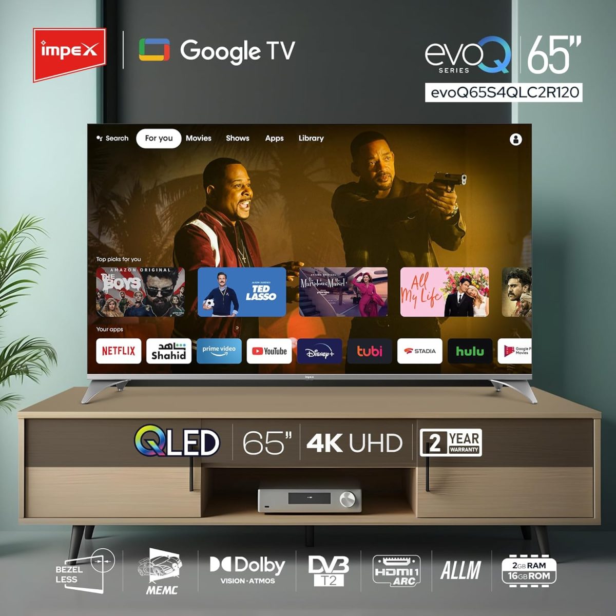 ⁦امبيكس تلفزيون جوجل QLED 65 بوصة (evoQ 65S4QLC2R120) | تلفزيون 4K UHD، 120Hz DLG، دولبي فيجن واتموس | ذاكرة RAM 2GB + روم 16GB | HDMI ARC/eARC | واي فاي وبلوتوث وجهاز تحكم صوتي | ALLM | ضمان عامين⁩ - الصورة ⁦2⁩
