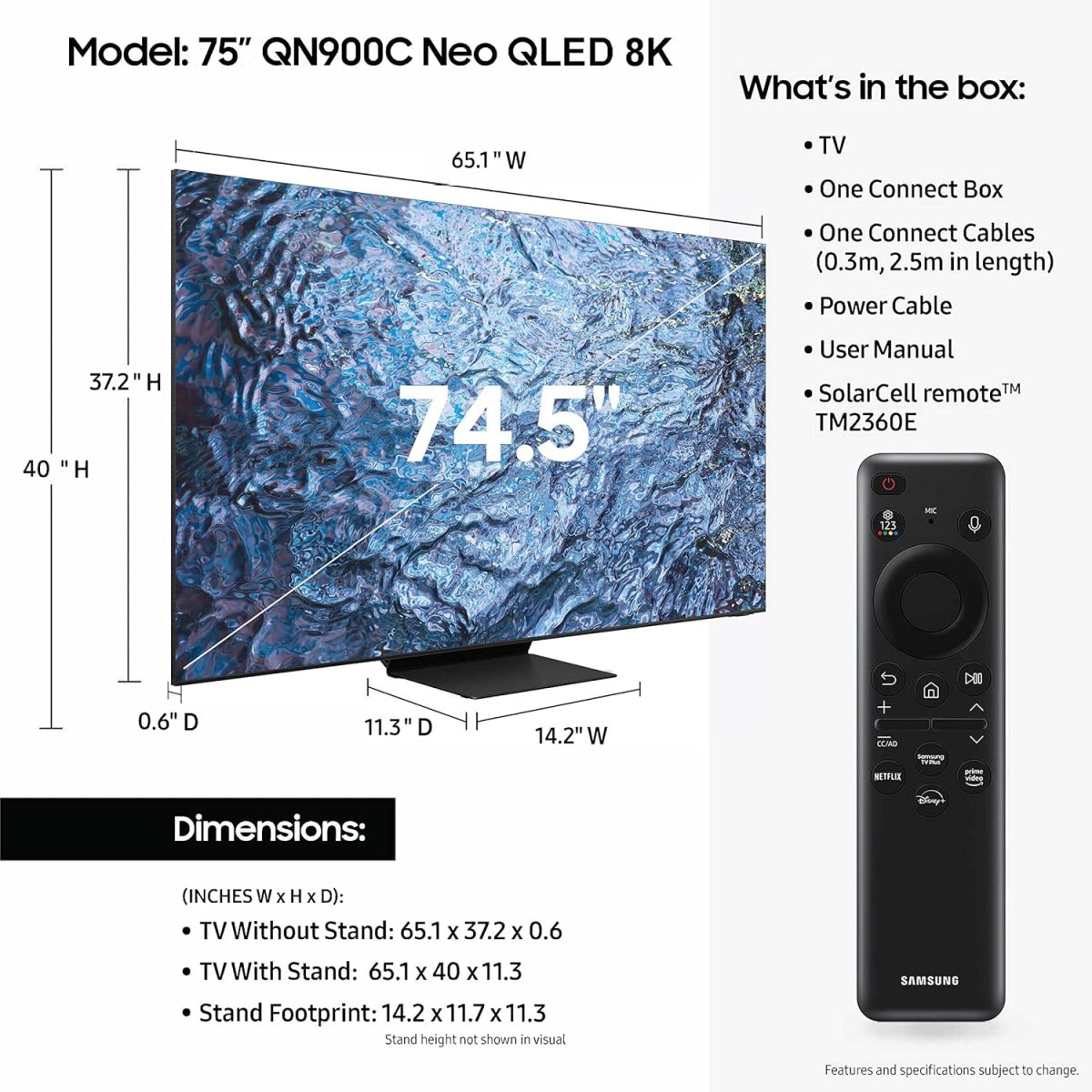 ⁦سامسونج تلفزيون ذكي نيو QLED 8K، 75 بوصة، اسود، معالج كوانتوم عصبي 8K، شاشة انفينيتي، او تي اس برو، QA75QN900C - 2023 - اصدار عالمي⁩ - الصورة ⁦2⁩