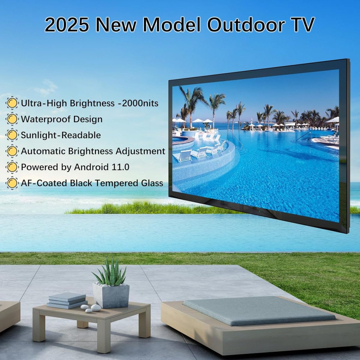 ⁦إليكسونج تلفزيون خارجي ذكي مقاوم للماء مقاس 55 بوصة، تلفزيون 4K مقاوم للطقس للاماكن الخارجية، يدعم مساعد اندرويد 11.0، كروم كاست، سطوع 2000 نيت، شمس جزئية⁩ - الصورة ⁦3⁩