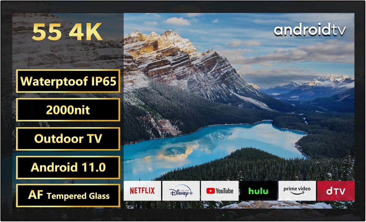 إليكسونج تلفزيون خارجي 55 بوصة 2000 وحدة مضيئة في البكسل 4K مقاوم للماء سمارت اندرويد دولبي اتموس، HDR 10 مقاوم للطقس يدعم بلوتوث وواي فاي