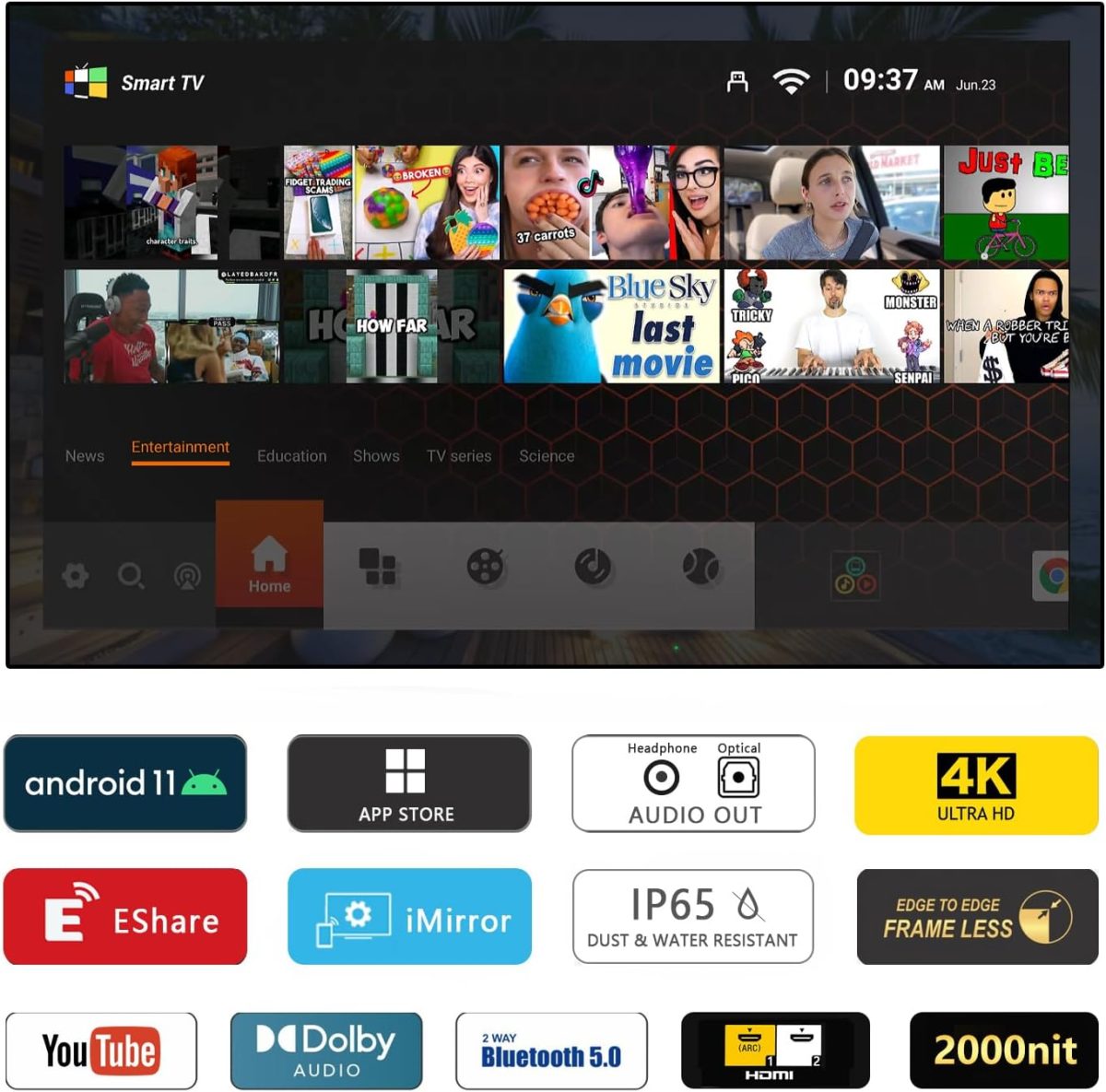 ⁦إليكسونج تلفزيون خارجي 55 بوصة 2000 وحدة مضيئة في البكسل 4K مقاوم للماء سمارت اندرويد دولبي اتموس، HDR 10 مقاوم للطقس يدعم بلوتوث وواي فاي⁩ - الصورة ⁦2⁩
