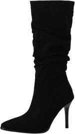 حذاء برقبة طويلة حتى الركبة للنساء سهل الارتداء بكعب مدبب ومقدمة مدببة