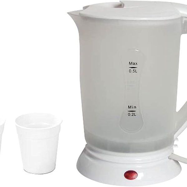 غلاية كهربائية صغيرة جديدة بسعة 0.5 لتر من لوكس ديفا بسعة 0.5 لتر بلون ابيض + كوبين