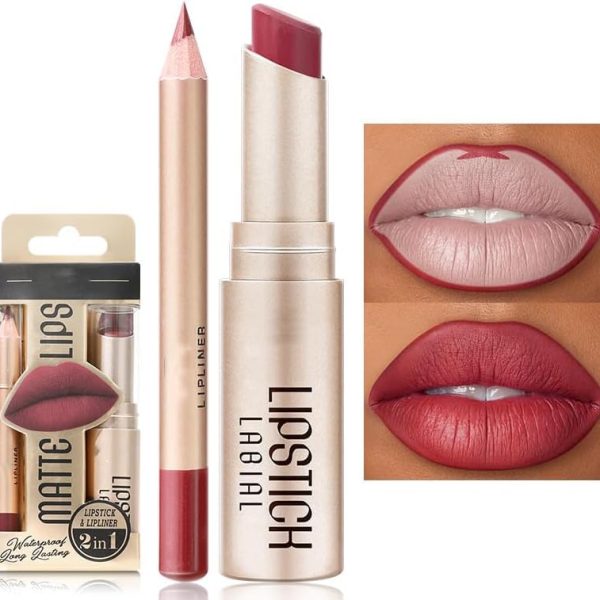 مجموعة اقلام تحديد شفاه واحمر شفاه كومبو 2 في 1 مقاومة للماء للنساء، مجموعة احمر شفاه يدوم طويلا، قلم احمر شفاه مات مع مجموعة محدد للشفاه، مجموعة مكياج