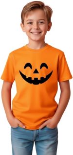 تي شيرت هالوين للاطفال - تي شيرت قطني مطبوع عليه وجه اليقطين - تي شيرت برقبة دائرية للاولاد والبنات - مثالي للمدرسة والحفلات والارتداء اليومي