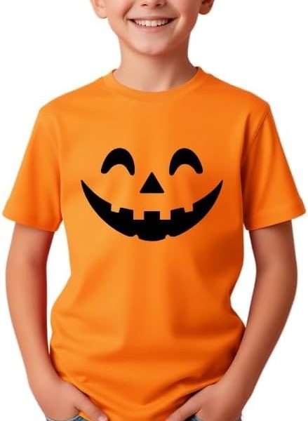 تي شيرت هالوين للاطفال - تي شيرت قطني مطبوع عليه وجه اليقطين - تي شيرت برقبة دائرية للاولاد والبنات - مثالي للمدرسة والحفلات والارتداء اليومي