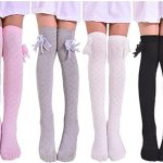 ChicAbode 4 Pairs Girls Mesh Stockings, Bow Style Knee High Socks, Girls Over The Knee Socks, Mesh Diamond Check Middle Tall Socks for Everyday, School, Home, Long
