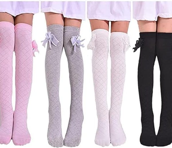 ChicAbode 4 Pairs Girls Mesh Stockings, Bow Style Knee High Socks, Girls Over The Knee Socks, Mesh Diamond Check Middle Tall Socks for Everyday, School, Home, Long