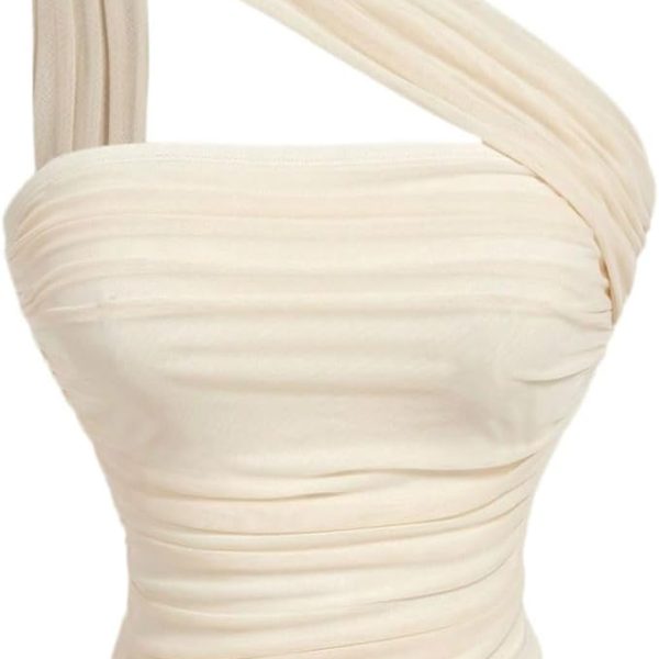 بلايز نسائية غير متماثلة بكتف واحد مكشكش بدون اكمام وقصة ضيقة من جورجليتر، بلايز فينتاج