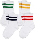 YHRY 4 Pairs Boys Girls Soft Cotton White Athletic Socks with Stripes, Kids Low Cut Socks, Boys Girls' Ankle Cotton Socks, Kids Ankle Athletic Socks With Low Cut Tab For 8-10 Years Old