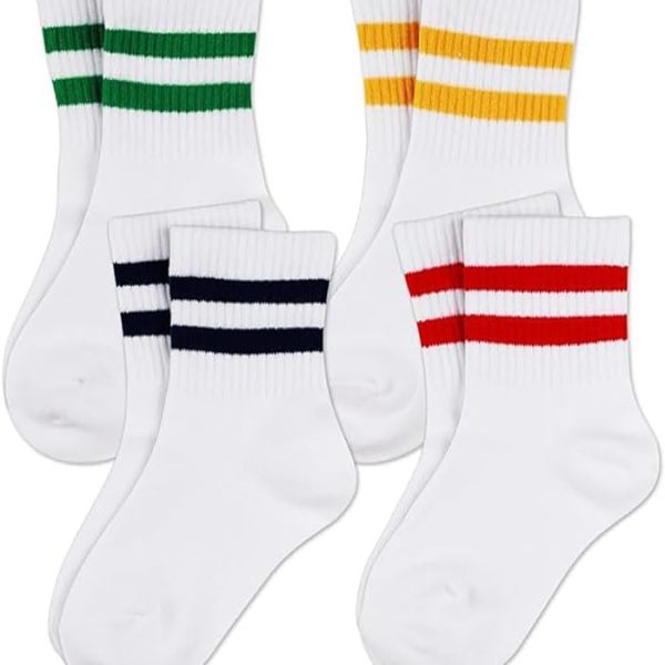 YHRY 4 Pairs Boys Girls Soft Cotton White Athletic Socks with Stripes, Kids Low Cut Socks, Boys Girls' Ankle Cotton Socks, Kids Ankle Athletic Socks With Low Cut Tab For 8-10 Years Old