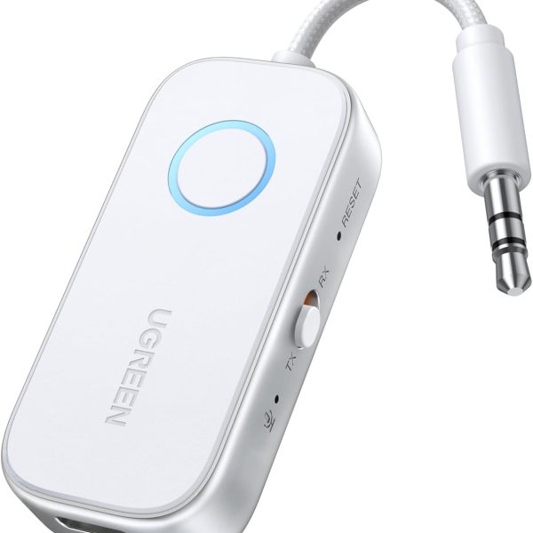 يوجرين جهاز إرسال واستقبال بلوتوث 5.4 للطائرات، محول بلوتوث للسيارة لأجهزة Airpods ومنفذ Aux Bluetooth 3.5mm لسماعات الرأس وسماعات الأذن للسيارة والموسيقى الاستريو والتلفزيون ومعدات الصالة الرياضية