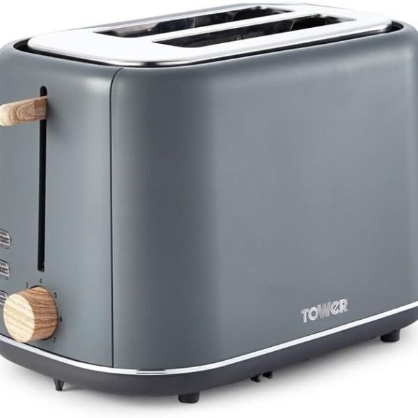 تاور محمصة خبز من قطعتين من سكاندي T20027G مع تحكم قابل للتعديل في التحميص و7 وظائف تحميص واعدادات الغاء واذابة الثلج واعادة التسخين، تصميم اسكندنافي انيق، 800 واط، لمسات خشبية رمادية