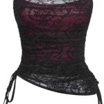 Women's Floral Y2K Tank Tops Goth Mesh Ruched Drawstring Cami Top Goth Shirts