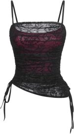 Women's Floral Y2K Tank Tops Goth Mesh Ruched Drawstring Cami Top Goth Shirts