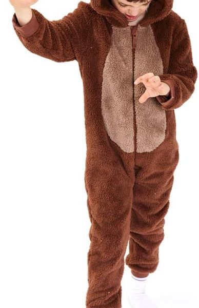 بيجامة من قطعة واحدة بتصميم دب بني من الفلانيل بمقاس محكم للاطفال الاولاد والبنات