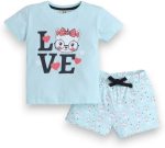 طقم بيجامة مكون من تيشرت وشورت مطبوع للبنات الصغيرات من فيكتور اند جين، SS24GPJST223