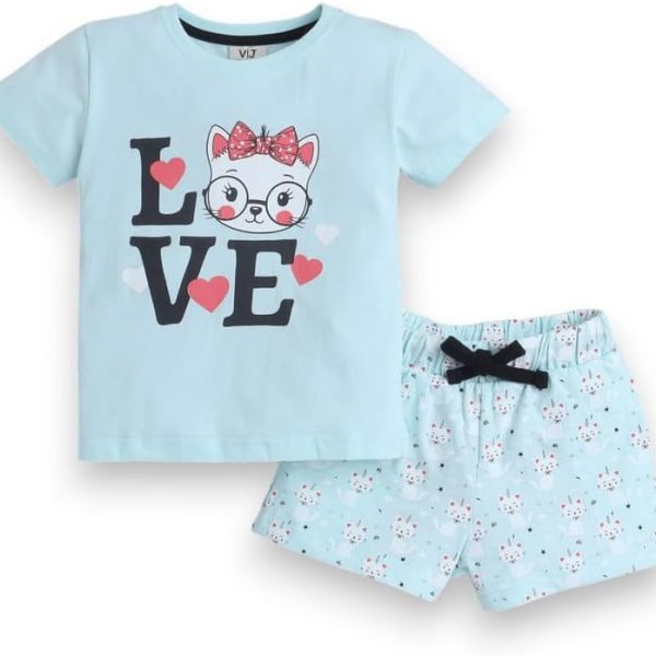 طقم بيجامة مكون من تيشرت وشورت مطبوع للبنات الصغيرات من فيكتور اند جين، SS24GPJST223