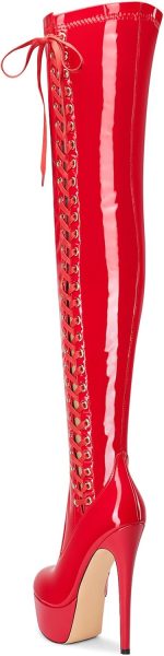 ⁦Aachcol Womens Over The Knee Platform Stiletto Lace-up Boots Patent Leather Thigh High Zipper High Heel Party Dress Boots 5.9 Inches Heels⁩ - الصورة ⁦5⁩