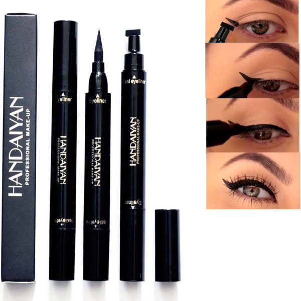 قلم تحديد العين مقاوم للماء 2 في 1، مع طوابع مجنحة لماكياج سهل التطبيق (أسود كلاسيكي)