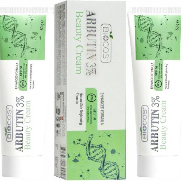 كريم وجه اربوتين 3% للبقع الداكنة وتسمير الشمس (عبوة من قطعتين) مع حمض الجليكوليك والكوجيك للعيوب والبقع الداكنة - فيتامين B5 ومستخلص عرق السوس بعامل حماية من الاشعة فوق البنفسجية 50 من بيوكوس - 50