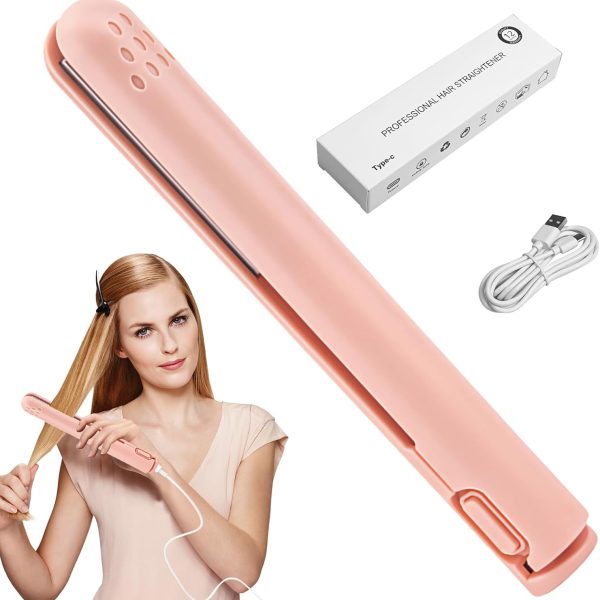مكواة فرد الشعر 2 في 1 من جيمي، مكواة تجعيد الشعر مزدوجة الاغراض، مكواة فرد شعر صغيرة محمولة تعمل بمنفذ USB للشقة والسكن الجامعي والسفر (لا يمكن تخزين الكهرباء) (بينك)