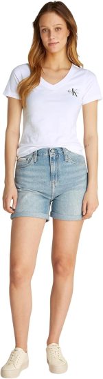 ⁦تي شيرت نسائي برقبة على شكل حرف V مزين بلوجو مونولوجو، عبوة من قطعتين⁩ - الصورة ⁦5⁩