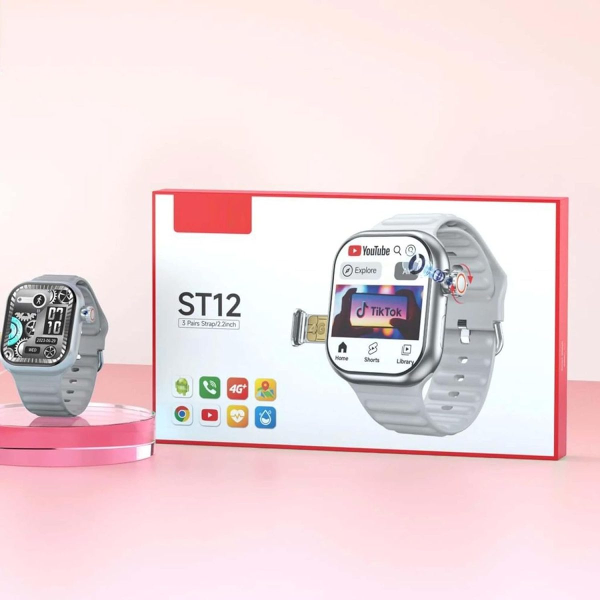 ⁦ساعة ذكية ST12 - شاشة كاملة 2.2 انش، دعم شريحة الاتصال 4G، 3 اساور + شاحن لاسلكي (متعدد الالوان) للرجال والنساء⁩ - الصورة ⁦3⁩