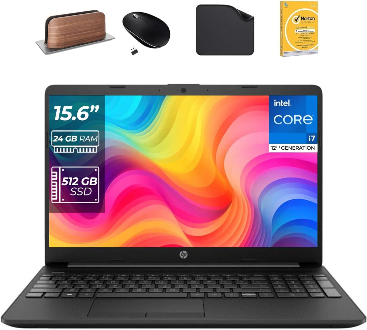 HP لابتوب 15.6 انش الجيل 12 كور i7-1255U وذاكرة RAM 24GB وSSD 512GB وويندوز 11 برو وشاشة FHD وكاميرا ويب وواي فاي (يتضمن حامل لابتوب الموجة الاولى + ماوس + مضاد للفيروسات + قاعدة ماوس) 15s-fq5035ny