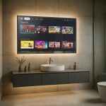 ⁦إليكسونج مراة حمام عصرية 43 بوصة بدقة 4 كيه الترا اتش دي مع اضاءة LED ومراة فانيتي تلفزيون ذكي، نتفليكس ويوتيوب مدمج، موديل 2025⁩ - الصورة ⁦2⁩