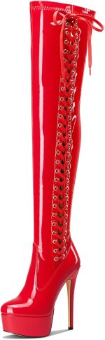 Aachcol Womens Over The Knee Platform Stiletto Lace-up Boots Patent Leather Thigh High Zipper High Heel Party Dress Boots 5.9 Inches Heels