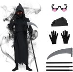زي جريم ريبر للاطفال من بينكي للهالوين - ازياء هالوين الموت للاطفال، ملابس هالوين مخيفة مع قفازات جريم ريبر ومنجل الموت للاولاد والبنات لحفلات الهالوين التنكرية والكرنفال