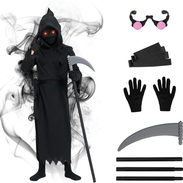 زي جريم ريبر للاطفال من بينكي للهالوين - ازياء هالوين الموت للاطفال، ملابس هالوين مخيفة مع قفازات جريم ريبر ومنجل الموت للاولاد والبنات لحفلات الهالوين التنكرية والكرنفال