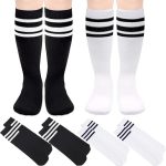 4 ازواج من جوارب كرة القدم للاطفال الصغار من تشيكابود، جوارب قطنية مخططة بطول الركبة للاولاد والبنات، جوارب طويلة مخططة للاولاد والبنات بعمر 3-6 سنوات، اسود وابيض