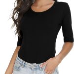 تي شيرت بيسيك نصف كم برقبة دائرية للنساء من القطن قابل للتمدد