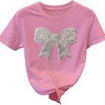 تي شيرت نسائي مطرز بالترتر مزين بفيونكة ورقبة دائرية ضيقة واكمام قصيرة كاجوال من جورجليتر