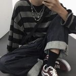 ⁦تي شيرت مخطط هاراجوكو للنساء، ملابس الجرونج القوطي Y2K، بلايز طويلة الاكمام قمصان كبيرة الحجم⁩ - الصورة ⁦3⁩