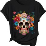 تي شيرت نسائي مطبوع عليه جمجمة زهور من جورجليتر بأكمام قصيرة ورقبة دائرية بدون طوق للهالوين