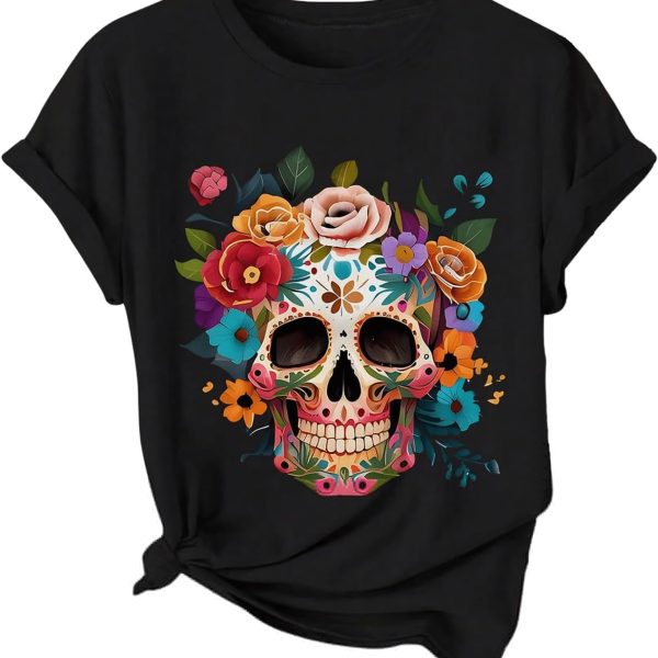 تي شيرت نسائي مطبوع عليه جمجمة زهور من جورجليتر بأكمام قصيرة ورقبة دائرية بدون طوق للهالوين