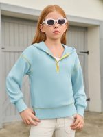 ⁦سويت شيرت بغطاء للراس بنصف سحاب واكمام طويلة واكمام طويلة وكتف منسدل، بلوفر بقلنسوة للبنات بعمر 5-14 سنة⁩ - الصورة ⁦2⁩