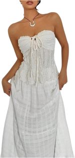 ⁦بلوزة نسائية من جورجليتر بتصميم بوهو صيفي بدون حمالات ورباط امامي⁩ - الصورة ⁦5⁩