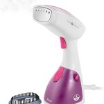 سوان مكواة بخار للملابس SI12020N محمولة باليد، خفيفة الوزن، فرشاة قماش قابلة للازالة، كيبل طاقة بطول 1.9 متر، 1100 واط، خزان مياه 250 مل، ابيض وزهري