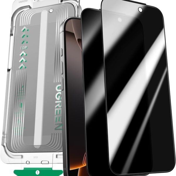 يوجرين واقي شاشة لآيفون 17 برو ماكس للخصوصية مقاس 6.9 بوصة مع أداة التثبيت التلقائي بسحب واحد، حماية الخصوصية بنسبة 100%، تغطية كاملة 1:1، فيلم لـ17 Pro Max من الزجاج بدرجة عسكرية (عبوة من قطعتين)