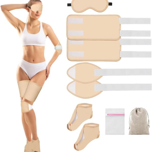 مكبين مجموعة زيت الخروع مكونة من 9 قطع، تتضمن عبوة للعين ووسادات للركبة والساق، عبوة قدم واكياس تخزين للغسيل، قطن كاكي قابل لاعادة الاستخدام والغسل في الغسالة لتخفيف الجسم بالكامل