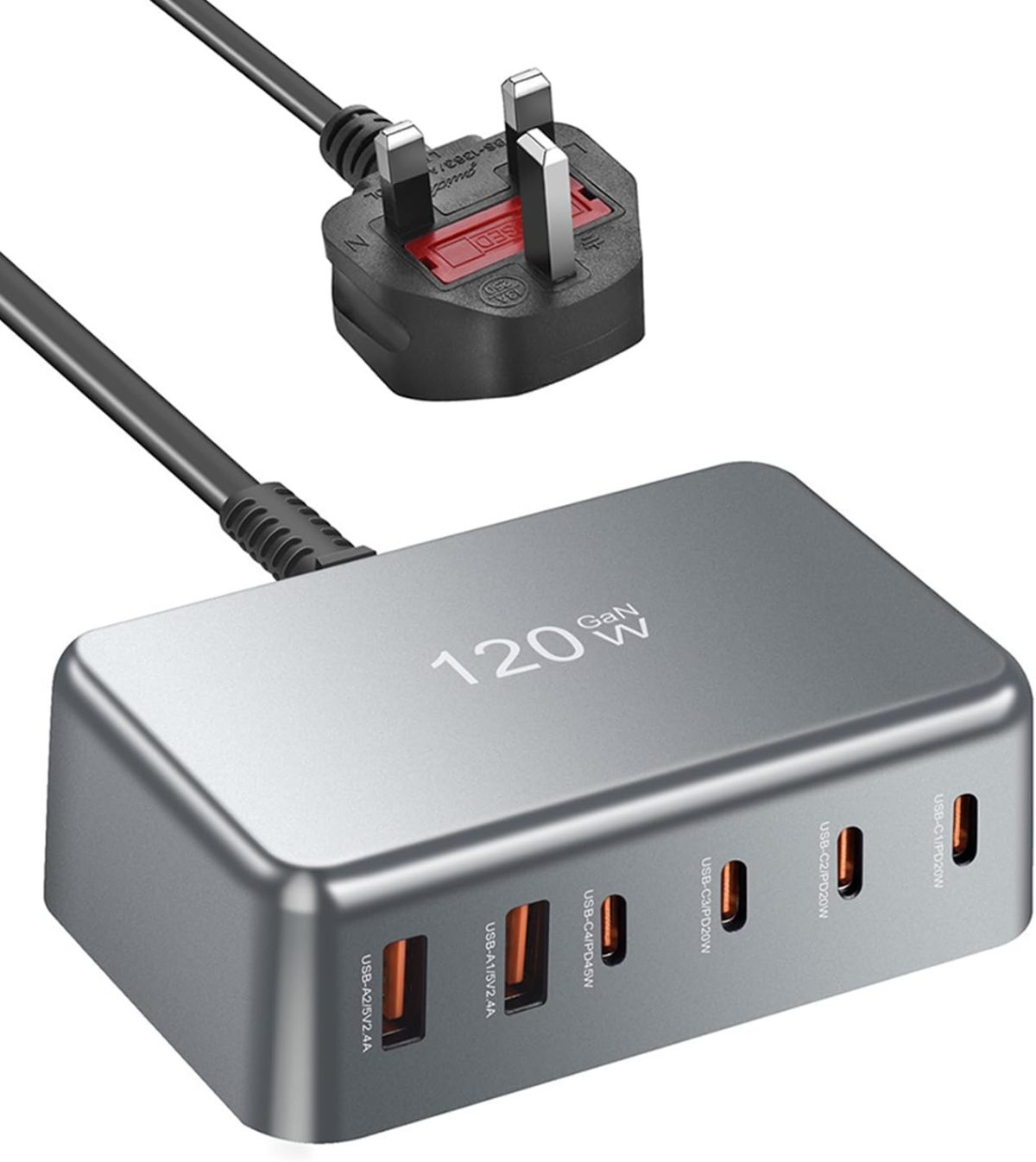 قاعدة شحن سريع 120 واط USB C من انفينو - محول طاقة شاحن حائط جان بـ6 منافذ (4 منافذ USB-C 45 واط/20 واط، 2 × USB-A 5 فولت 2.4 امبير) لايفون 16/15/14/13، جالكسي S25/S24 الترا، ايباد، ستيم ديك، المكتب