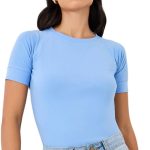 تيشرت قصير بقصة ضيقة واكمام رجلان سادة للنساء من ستايلي، موديل 7010656638