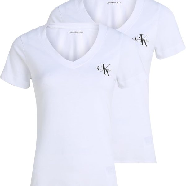 تي شيرت نسائي برقبة على شكل حرف V مزين بلوجو مونولوجو، عبوة من قطعتين